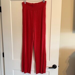 Dawn Smocked Red Pleated Wide-Leg Pants